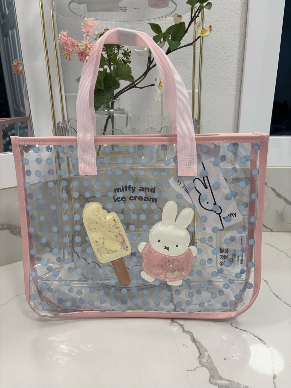 Adorable Miffy🐰💗 Clear Pink Polka Dot Tote with Ice Cream Motif
